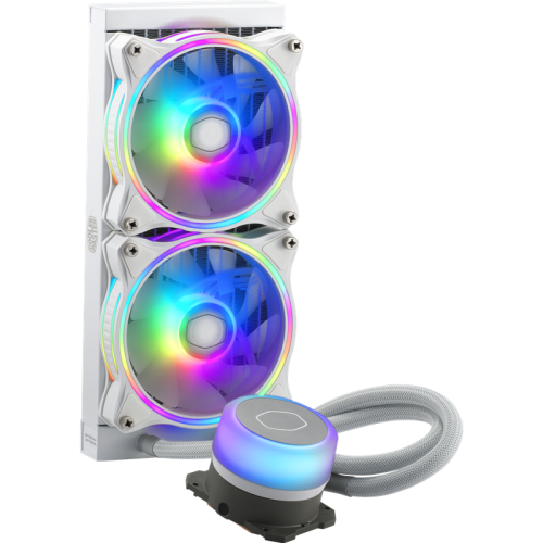 Система охлаждения/ Cooler Master MasterLiquid ML240 Illusion White Edition (210W, 240mm, RGB, fans: 2x120mm/47.2CFM/30dBa/650-1800rpm, 1700/1200/115X/2066/2011-V3/2011/AM5/AM4/AM3/AM3+/AM2/AM2+/FM2/FM2+/FM1)