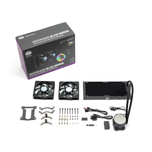 Система охлаждения/ Cooler Master MasterLiquid ML240 Mirror (210W, 240mm, ARGB, fans: 2x120mm/62CFM/27dBa/1800rpm, 1200/115X/2066/2011-V3/2011/AM5/AM4/AM3/AM3+/AM2/AM2+/FM2/FM2+/FM1/1700 only with bracket)