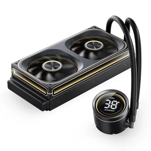 Система жидкостного охлаждения/ Water Cooling System JONSBO TH-240 Black (260W, 240mm, LED temp., Black, ARGB/ Fans: 2x120mm, 62.4CFM, 37.3dBA, 2400RPM/ Pump height 72mm, 30dBA, 2400RPM, Rad thickness 27mm/ S: 1851, 1700, 1200, 115X, AM5, AM4)