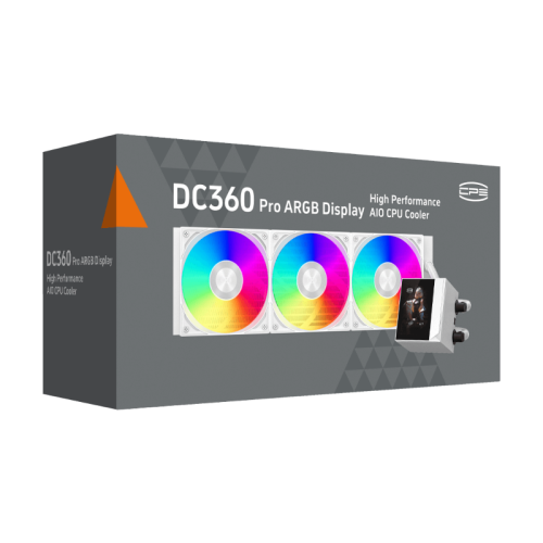 Система охлаждения/ Water Cooling System PCCooler DC360 Pro ARGB Display WH (310W, 360mm, LED, White, ARGB/ Fans: 3x120mm, 90.56CFM, 39.8dBA, 2500RPM/ Pump height 65mm, 15dBA, 2600RPM, Rad thickness 27mm/ S: 1851, 1700, 1200, 115X, AM5, AM4)