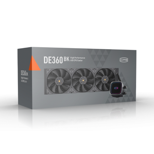 Система охлаждения/ Water Cooling System PCCooler DE360 BK (310W, 360mm, Black, ARGB Pump/ Fans: 3x120mm, 71.86CFM, 33.8dBA, 1850RPM/ Pump height 55mm, 28dBA, 3200RPM, Rad thickness 27mm/ S: 1851, 1700, 1200, 20XX, 115X, AM5, AM4)