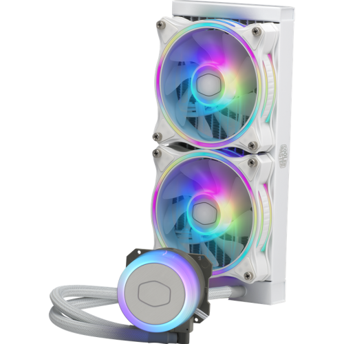 Система охлаждения/ Cooler Master MasterLiquid ML240 Illusion White Edition (210W, 240mm, RGB, fans: 2x120mm/47.2CFM/30dBa/650-1800rpm, 1700/1200/115X/2066/2011-V3/2011/AM5/AM4/AM3/AM3+/AM2/AM2+/FM2/FM2+/FM1)