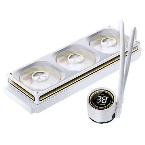 Система жидкостного охлаждения/ Water Cooling System JONSBO TH-360 White (300W, 360mm, LED temp., White, ARGB/ Fans: 3x120mm, 62.4CFM, 37.3dBA, 2400RPM/ Pump height 72mm, 30dBA, 2400RPM, Rad thickness 27mm/ S: 1851, 1700, 1200, 115X, AM5, AM4)