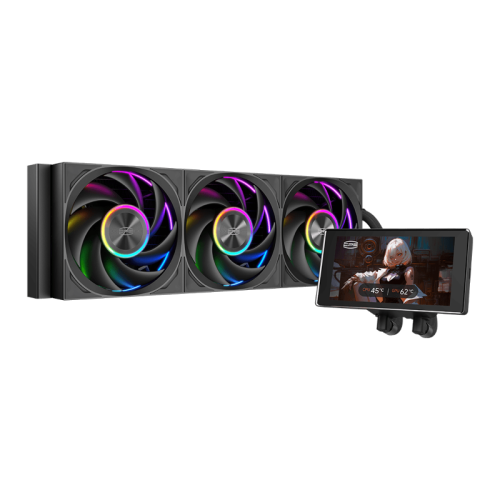 Система охлаждения/ Water Cooling System PCCooler DT360 Max ARGB Display BK (300W, 360mm, LED, Black, ARGB/ Fans: 3x120mm, 83CFM, 33.1dBA, 3000RPM/ Pump height 63mm, 15dBA, 2600RPM, Rad thickness 27mm/ S: 1851, 1700, 1200, 115X, AM5, AM4)