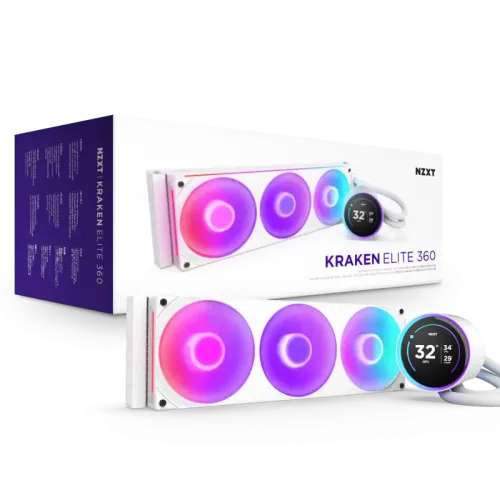 Система жидкостного охлаждения для ПК/ Water Cooling System NZXT Kraken Elite 420 RGB (350W, 420mm, LED temp., White/ Fans: 3x140mm, 98.61CFM, 34.5dBA, 2000RPM/ Pump height 65mm, 2800RPM, Rad thickness 27mm/ S: 1851, 1700, 1200, 115X, AM5, AM4)