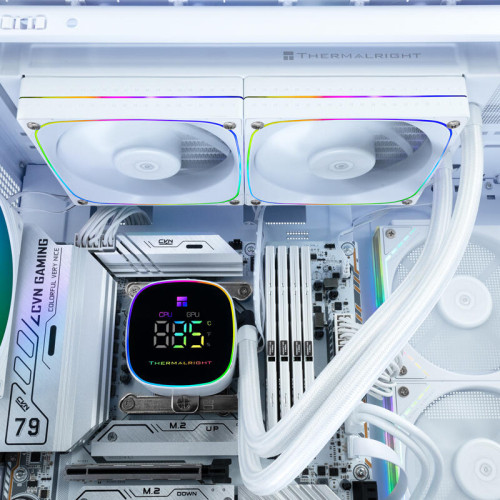 Система жидкостного охлаждения/ Water Cooling System Thermalright Frozen Horizon 240 Digital (240mm, LED temp., White, ARGB/ Fans: 2x120mm, 68.9CFM, 28.2dBA, 2000RPM/ Pump height 53.2mm, Rad thickness 27mm/ S: 1700, 1200, 1851, 115X, AM5, AM4)