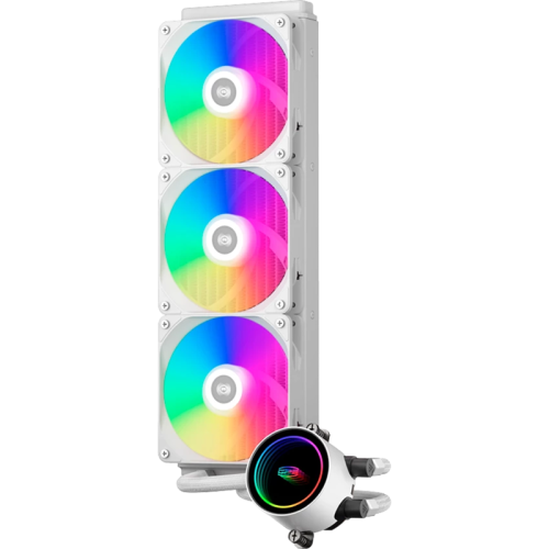 Система охлаждения/ PCCooler DA360 ARGB WH (280W, 360mm, White, ARGB/ Fans: 3x120mm, 72.1CFM, 33.8dBA, 1800RPM/ Pump height 55mm, 28dBA, 3000RPM, Rad thickness 27mm/ S: 1851, 1700, 1200, 20XX, 115X, AM5, AM4)