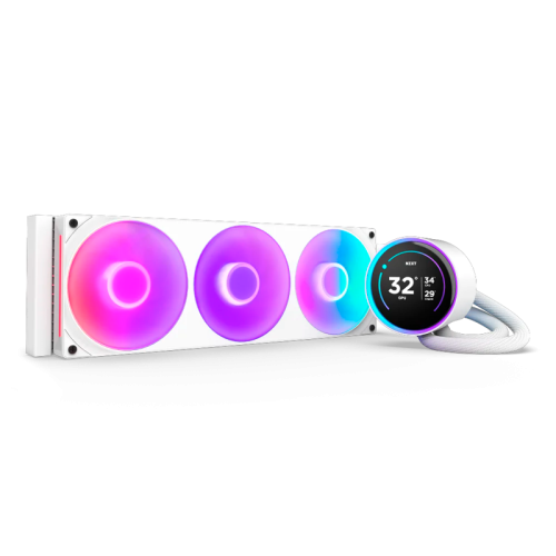 Система жидкостного охлаждения для ПК/ Water Cooling System NZXT Kraken Elite 360 RGB (270W, 360mm, LED temp., White, RGB/ Fans: 1xF360 RGB Core Fan, 75.12CFM, 30dBA, 2400RPM/ Pump height 65mm, 2800RPM, Rad thickness 27mm/ S: 1851, 1700, 1200, 115X, AM5, 