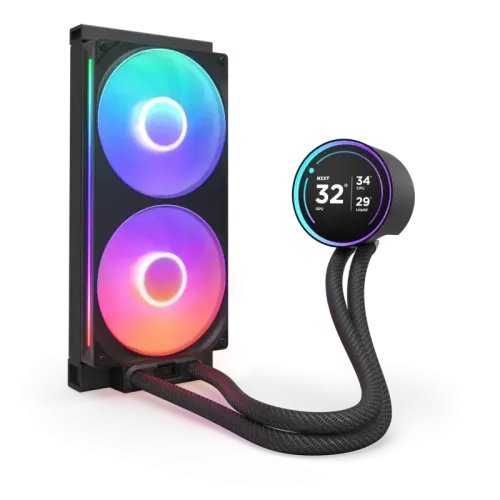 Система жидкостного охлаждения для ПК/ Water Cooling System NZXT Kraken Elite 280 RGB (250W, 280mm, LED temp., Black/ Fans: 2x140mm, 98.61CFM, 34.5dBA, 2000RPM/ Pump height 65mm, 2800RPM, Rad thickness 27mm/ S: 1851, 1700, 1200, 115X, AM5, AM4)