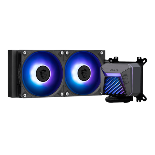Система жидкостного охлаждения/ Water Cooling System MSI MAG CORELIQUID A15 240 (240W, 240mm, Black, ARGB/ Fans: 2x120mm, 64.89CFM, 28.7dBA, 2050RPM/ Pump 20dBA, 3400RPM, Rad thickness 27mm/ S: 1851, 1700, AM5, AM4)