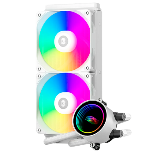 Система охлаждения/ PCCooler DA240 ARGB WH (270W, 240mm, White, ARGB/ Fans: 2x120mm, 73.6CFM, -dBA, 1800RPM/ Pump height 55mm, -dBA, 3000RPM, Rad thickness 27mm/ S: 1851, 1700, 1200, 20XX, 115X, AM5, AM4)