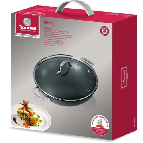 Сковорода ВОК (WOK)/ Сковорода ВОК (WOK) Rondell Elements RDA-114 круглая 32см покрытие: TriTitan ручка несъемная (с крышкой) черный