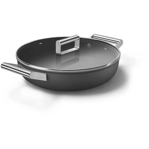 Посуда SMEG/ Глубокая сковорода с двумя ручками и крышкой, 28 см, черная