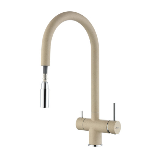 RIVELATO 2433505 beige scuro однорычажный смеситель для кухни TREVI U-обр. с краном питьевой воды D-35мм, выдвижной излив, материал: латунь, цвет: темно-бежевый