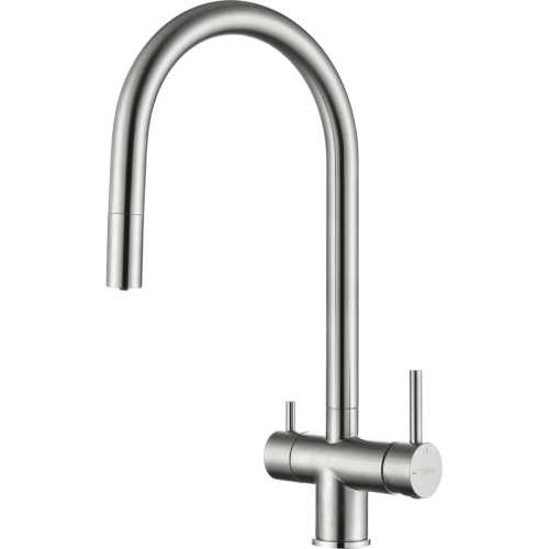 RIVELATO 2433505 BS однорычажный смеситель для кухни TREVI U-обр. с краном питьевой воды D-35мм, выдвижной излив, материал: латунь, цвет: нержавеющая сталь