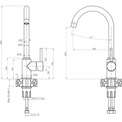 3650 graphite смеситель для кухни, U-образный, материал: нержавеющая сталь, поворотный излив, цвет графит