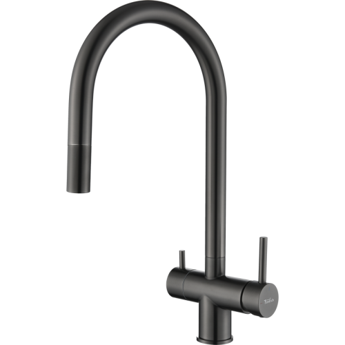 RIVELATO 2433505 PVD black однорычажный смеситель для кухни TREVI U-обр. с краном питьевой воды D-35мм, выдвижной излив, материал: латунь, цвет: черный