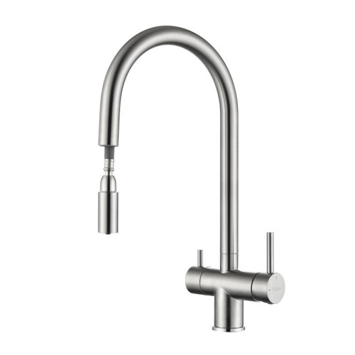 RIVELATO 2433505 BS однорычажный смеситель для кухни TREVI U-обр. с краном питьевой воды D-35мм, выдвижной излив, материал: латунь, цвет: нержавеющая сталь