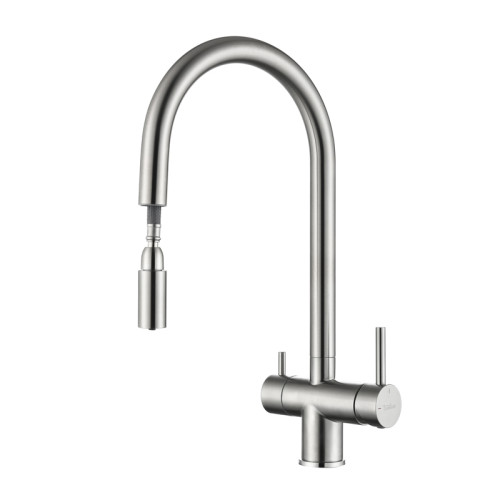 RIVELATO 2433505 BS однорычажный смеситель для кухни TREVI U-обр. с краном питьевой воды D-35мм, выдвижной излив, материал: латунь, цвет: нержавеющая сталь