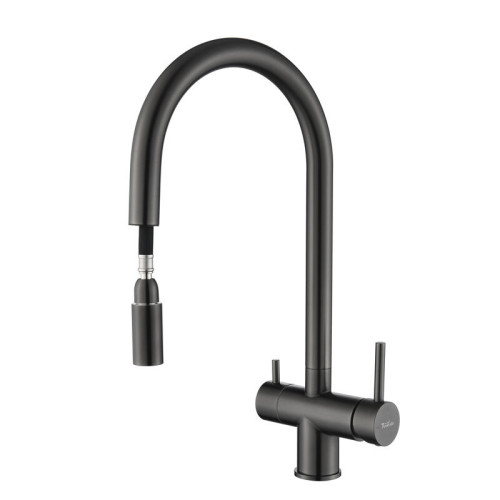 RIVELATO 2433505 PVD black однорычажный смеситель для кухни TREVI U-обр. с краном питьевой воды D-35мм, выдвижной излив, материал: латунь, цвет: черный