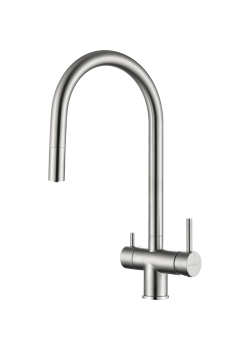 RIVELATO 2433505 BS однорычажный смеситель для кухни TREVI U-обр. с краном питьевой воды D-35мм, выдвижной излив, материал: латунь, цвет: нержавеющая сталь
