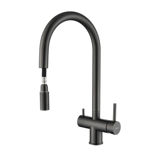 RIVELATO 2433505 PVD black однорычажный смеситель для кухни TREVI U-обр. с краном питьевой воды D-35мм, выдвижной излив, материал: латунь, цвет: черный