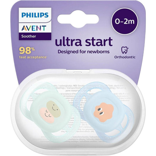 Пустышка Philips/ Пустышка для новорожденных ultra start, зеленая/голубая, с рисунком, 0-2 мес., 2 шт.