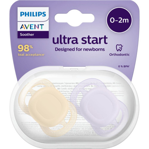 Пустышка Philips/ Пустышка для новорожденных ultra start, лиловая/светло-желтая, без рисунка, 0-2 мес., 2 шт.