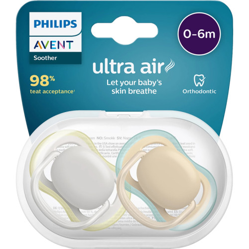 Пустышка Philips/ Пустышка ultra air, Серая/Персиковая без рисунков, 0-6 мес, 2 шт, для мальчиков и девочек Пустышка Philips/ Пустышка ultra air, Серая/Персиковая без рисунков, 0-6 мес, 2 шт, для мальчиков и девочек