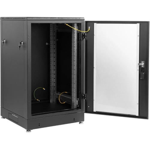 Шкаф коммутационный ЦМО (ШТК-М-24.6.8-1ААА-9005) напольный 24U 600x800мм пер.дв.стекл задн.дв.стал.лист 2 бок.пан. направл.под закл.гайки 600кг черный 655мм 180град.