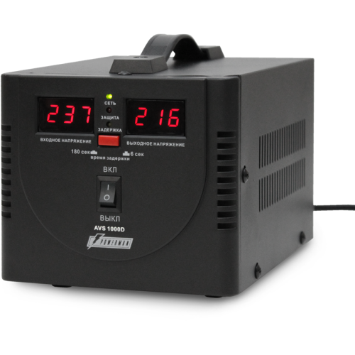 Стабилизатор POWERMAN AVS 1000D, черный, ступенчатый регулятор, цифровые индикаторы уровней напряжения, 1000ВА, 140-260В, максимальный входной ток 7А, 2 евророзетки, IP-20, напольный, 200мм х 150мм х 140мм, 2,3 кг./ Stabilizer POWERMAN AVS 1000D, black, Стабилизатор POWERMAN AVS 1000D, черный, ступенчатый регулятор, цифровые индикаторы уровней напряжения, 1000ВА, 140-260В, максимальный входной ток 7А, 2 евророзетки, IP-20, напольный, 200мм х 150мм х 140мм, 2,3 кг./ Stabilizer POWERMAN AVS 1000D, black,