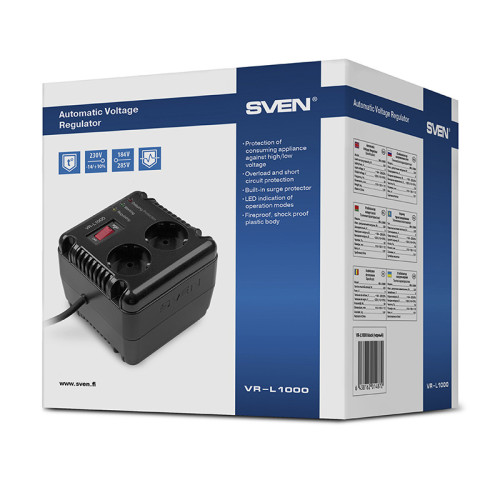 Стабилизатор SVEN VR-L1000, релейный, 320вт, 184-285в, 2 евророзетки, черный, габариты 118 ? 106? 112мм, 1.61кг./ Stabilizer SVEN VR-L1000, Relay, 320W, 184-285v, 2 euro outlets, black, 118 ? 106? 112mm, 1.61kg. Стабилизатор SVEN VR-L1000, релейный, 320вт, 184-285в, 2 евророзетки, черный, габариты 118 ? 106? 112мм, 1.61кг./ Stabilizer SVEN VR-L1000, Relay, 320W, 184-285v, 2 euro outlets, black, 118 ? 106? 112mm, 1.61kg.