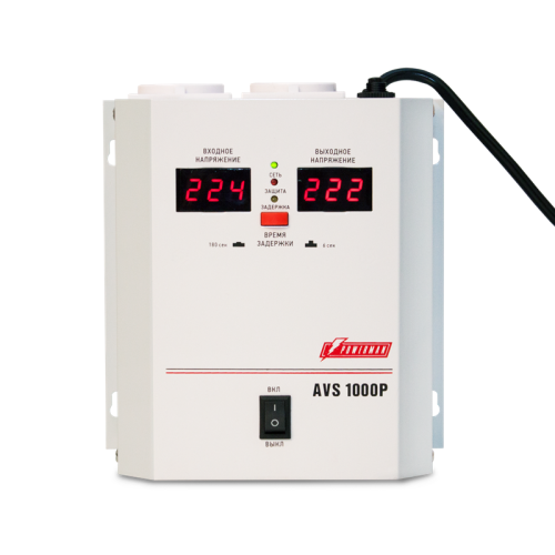 Стабилизатор POWERMAN AVS 1000P, ступенчатый регулятор, цифровые индикаторы уровней напряжения, 1000ВА, 110-260В, максимальный входной ток 7А, 2 евророзетки, IP-20, навесной,  185мм х 170мм х 100мм, 3.5 кг./ Stabilizer POWERMAN AVS 1000P, step-type regula