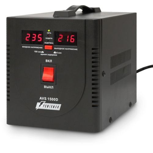 Стабилизатор POWERMAN AVS 1500D, черный, ступенчатый регулятор, цифровые индикаторы уровней напряжения, 1500ВА, 140-260В, максимальный входной ток 10А, 2 евророзетки, IP-20, напольный, 200мм х 160мм х 190мм, 4 кг./ Stabilizer POWERMAN AVS 1500D, black, s Стабилизатор POWERMAN AVS 1500D, черный, ступенчатый регулятор, цифровые индикаторы уровней напряжения, 1500ВА, 140-260В, максимальный входной ток 10А, 2 евророзетки, IP-20, напольный, 200мм х 160мм х 190мм, 4 кг./ Stabilizer POWERMAN AVS 1500D, black, s