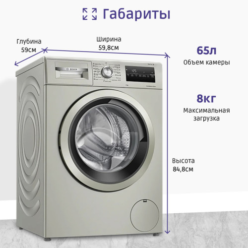 Стиральная машина BOSCH WAN2420XME 84.8x59.8x60, фронтальная загрузка, 8 кг, 1200 об/мин,серый металлик, EcoSilenceDrive, панель управления приборов на английском языке