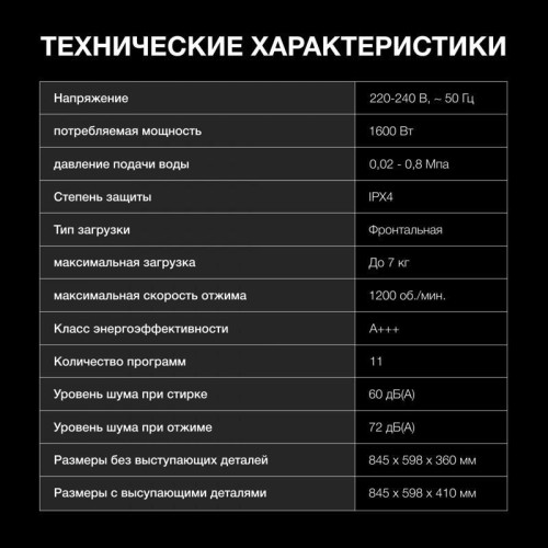 Стиральная машина Hyundai WME7215 класс: A загр.фронтальная макс.:7кг белый инвертер
