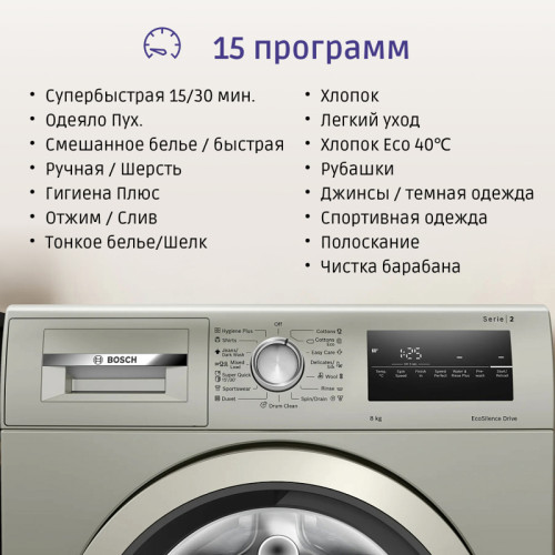 Стиральная машина BOSCH WAN2420XME 84.8x59.8x60, фронтальная загрузка, 8 кг, 1200 об/мин,серый металлик, EcoSilenceDrive, панель управления приборов на английском языке