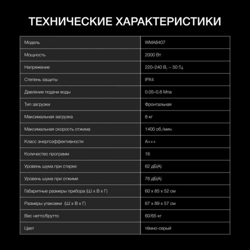 Стиральная машина Hyundai WMA8407 класс: A+++ загр.фронтальная макс.:8кг темно-серый инвертер