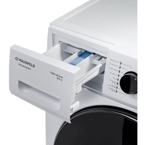 Стиральная машина MAUNFELD MFWM1586WH с инверторным мотором, Количество режимов стирки: 15, Управление: электронное c LCD дисплеем, Максимальная загрузка белья для стирки, кг: 8, Функия пара, Максимальная скорость вращения при отжиме, об/мин: 1800, (Ш*Г*В