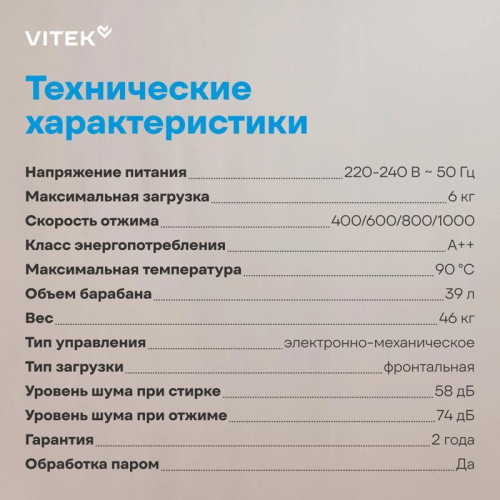 Стиральная машина Vitek VT-WSE6001 класс: A+++ загр.фронтальная макс.:6кг белый инвертор