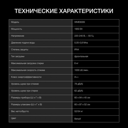 Стиральная машина Hyundai WME6009 класс: A++ загр.фронтальная макс.:6кг белый