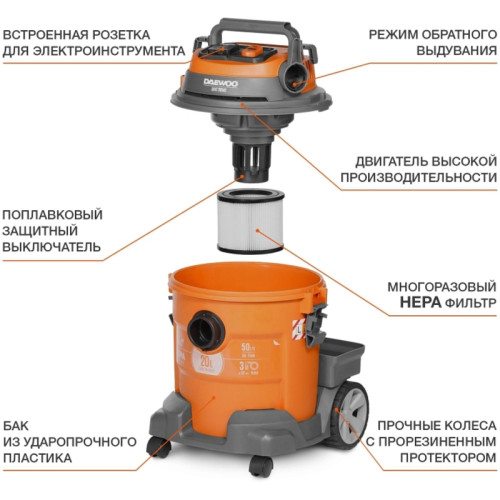 Строительный пылесос Daewoo DAVC 2014 1400Вт (уборка: сухая/сбор воды/выдув) оранжевый Строительный пылесос Daewoo DAVC 2014 1400Вт (уборка: сухая/сбор воды/выдув) оранжевый
