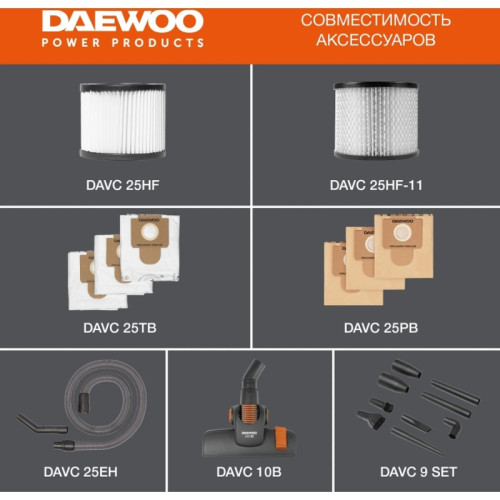 Строительный пылесос Daewoo DAVC 2000 Home 1500Вт (уборка: сухая/сбор воды/выдув) оранжевый