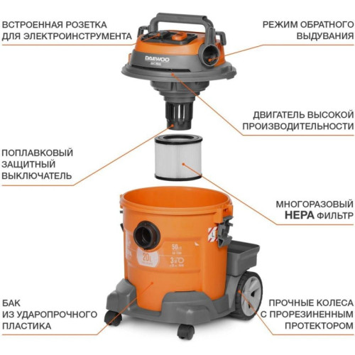 Строительный пылесос Daewoo DAVC 2014S 1400Вт (уборка: сухая/сбор воды/выдув) оранжевый Строительный пылесос Daewoo DAVC 2014S 1400Вт (уборка: сухая/сбор воды/выдув) оранжевый