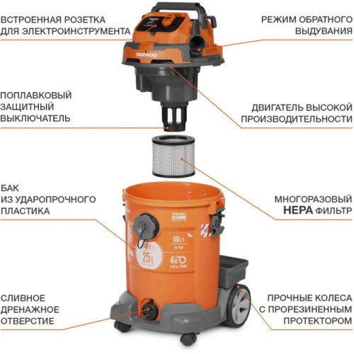 Строительный пылесос Daewoo DAVC 2500SD 1400Вт (уборка: сухая/сбор воды/выдув) оранжевый