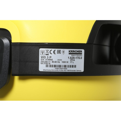 Строительный пылесос Karcher WD 3 P V-17/4/20 Workshop 1000Вт (уборка: сухая/сбор воды/выдув) желтый Строительный пылесос Karcher WD 3 P V-17/4/20 Workshop 1000Вт (уборка: сухая/сбор воды/выдув) желтый
