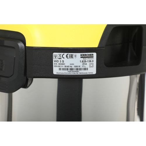 Строительный пылесос Karcher WD 3 S V-17/4/20 1000Вт (уборка: сухая/сбор воды) желтый Строительный пылесос Karcher WD 3 S V-17/4/20 1000Вт (уборка: сухая/сбор воды) желтый