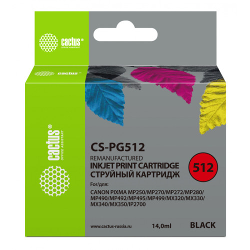 -/ Картридж струйный Cactus CS-PG512 черный (15мл) для Canon Pixma iP2700/MP240/MP250/MP260/MP270/MP272