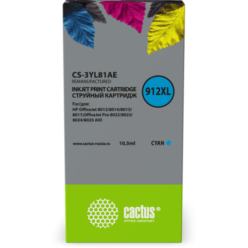 -/ Картридж струйный Cactus CS-3YL81AE 912XL голубой (10.5мл) для HP OfficeJet 8012/8014/8015/8017;Offi