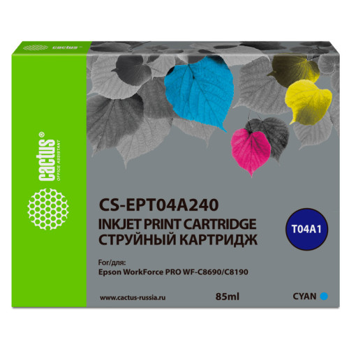 -/ Картридж струйный Cactus CS-EPT04A240 T04A2 голубой (85мл) для Epson WorkForce Pro WF-C8190, WF-C869